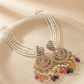Gold-Plated Traditional Kundan & Multi-Color Bead Earring with Multi-Strand Pearl Ear Chain (Sahara) for Women