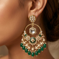 Traditional Gold-Plated Kundan and Green Bead Drop Chandbali Earrings for Women