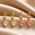 Gold-Plated Crystal Heart Huggie Earrings with Delicate Floral Accents (Clear & Pink Set)