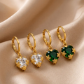 Gold-Plated Dainty White Heart Crystal Huggie Hoop Earrings with Floral Accents