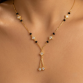 Modern Black Bead & Square Stone Drop Necklace