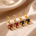 Gold-Plated Crystal Heart Huggie Earrings with Delicate Floral Accents (Black & Ruby Red Set)