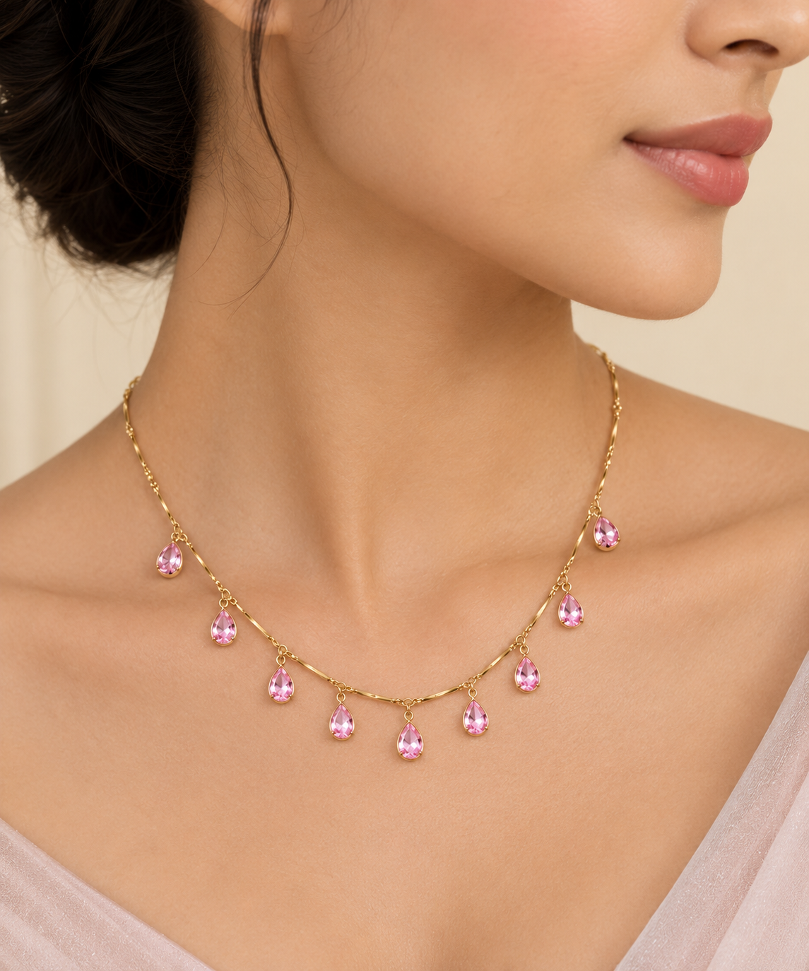 Gold-Plated Dainty Pink Pear Stone Drop Necklace