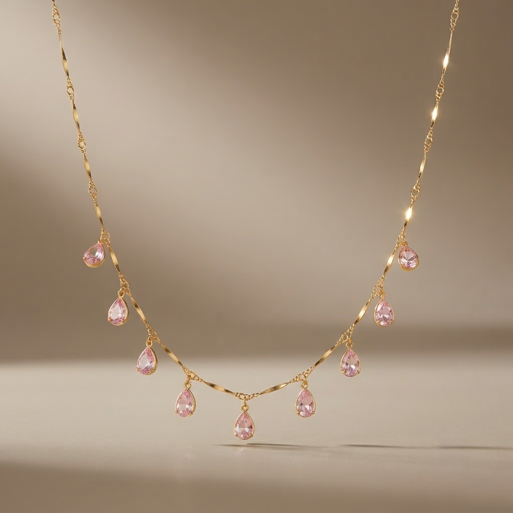 Gold-Plated Dainty Pink Pear Stone Drop Necklace