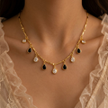 Elegant Gold-Plated Black & Clear Teardrop Charm Necklace