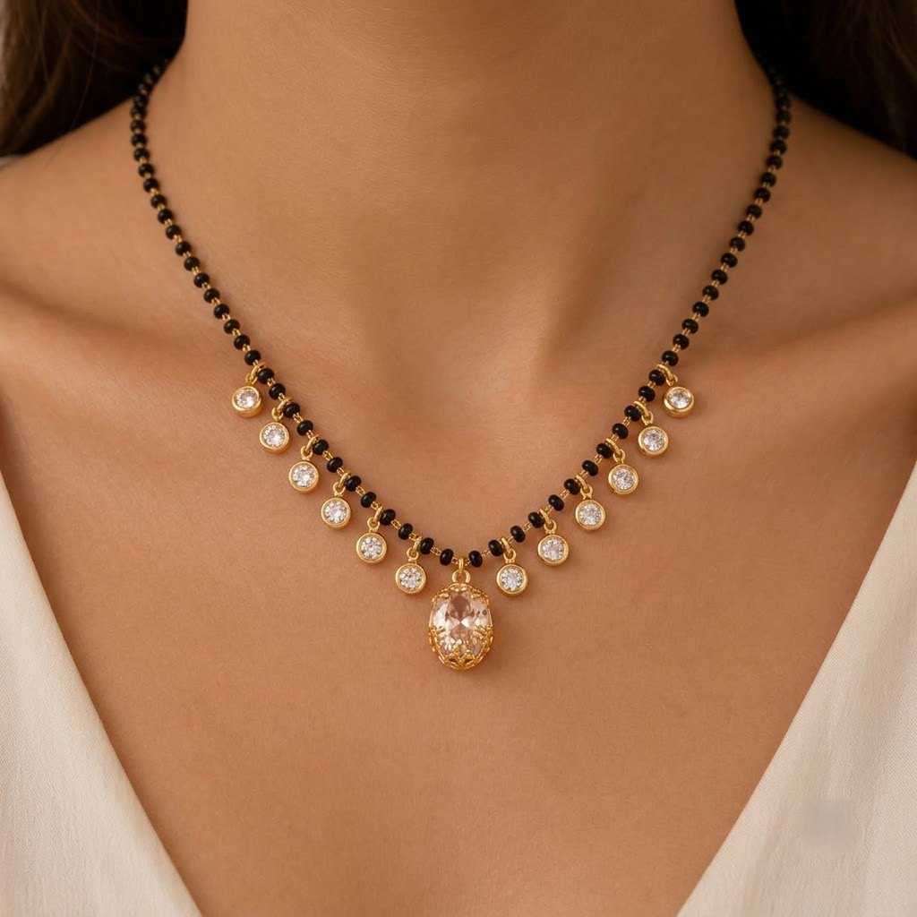 Elegant Gold-Plated Crystal Pendant Mangalsutra with Bezel-Set Stone Drops