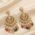 Traditional Gold-Plated Multicolored Kundan & Meenakari Drop Earrings with Pearl and Bead Hangings for Women