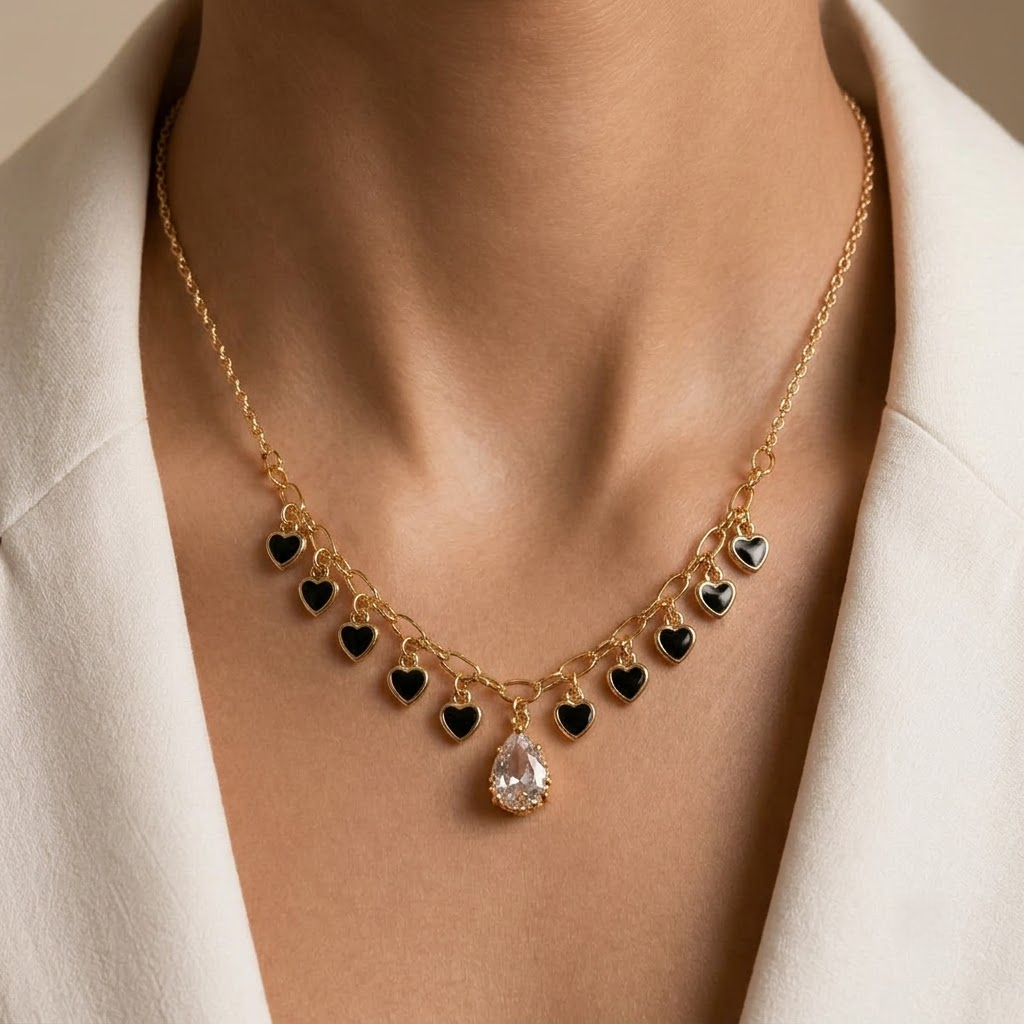 Gold-Plated Black Heart Charm Necklace with Teardrop Crystal Pendant
