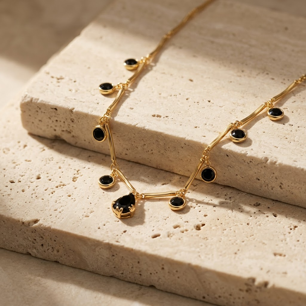Elegant Gold-Plated Black Stone Drop Necklace