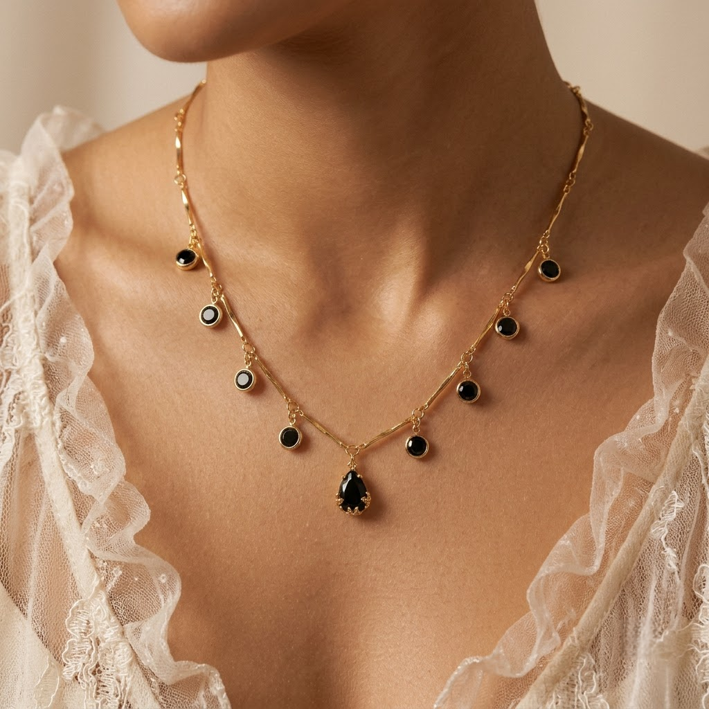 Elegant Gold-Plated Black Stone Drop Necklace