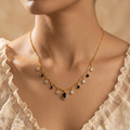 Elegant Gold-Plated Oval Black & White Stone Dangle Necklace