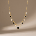 Elegant Gold-Plated Alternating Black & Clear Teardrop Charm Necklace