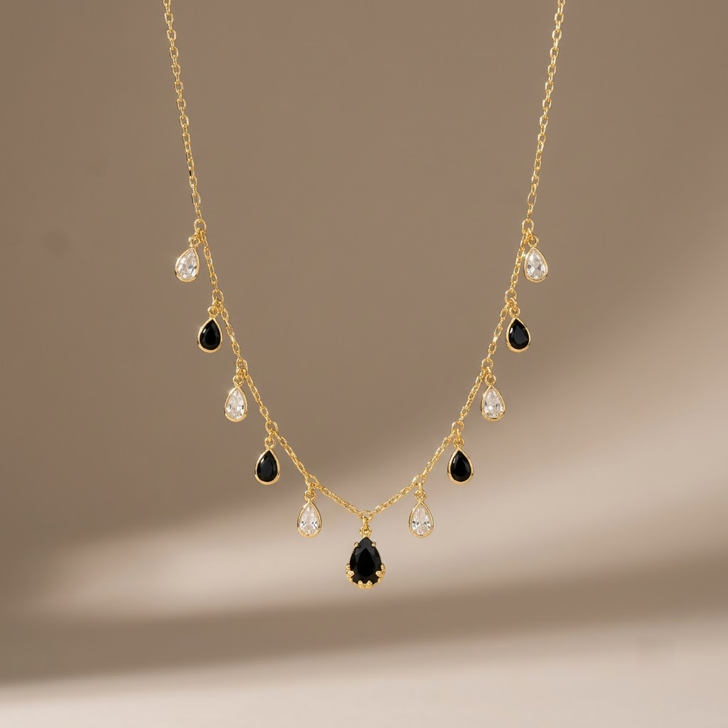 Elegant Gold-Plated Alternating Black & Clear Teardrop Charm Necklace