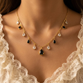 Elegant Gold-Plated Alternating Black & Clear Teardrop Charm Necklace