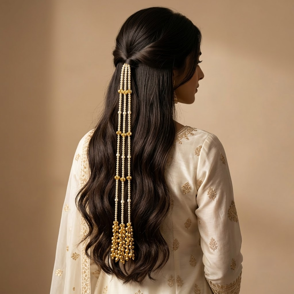 Traditional Pearl & Gold Ghungroo Hair Paranda