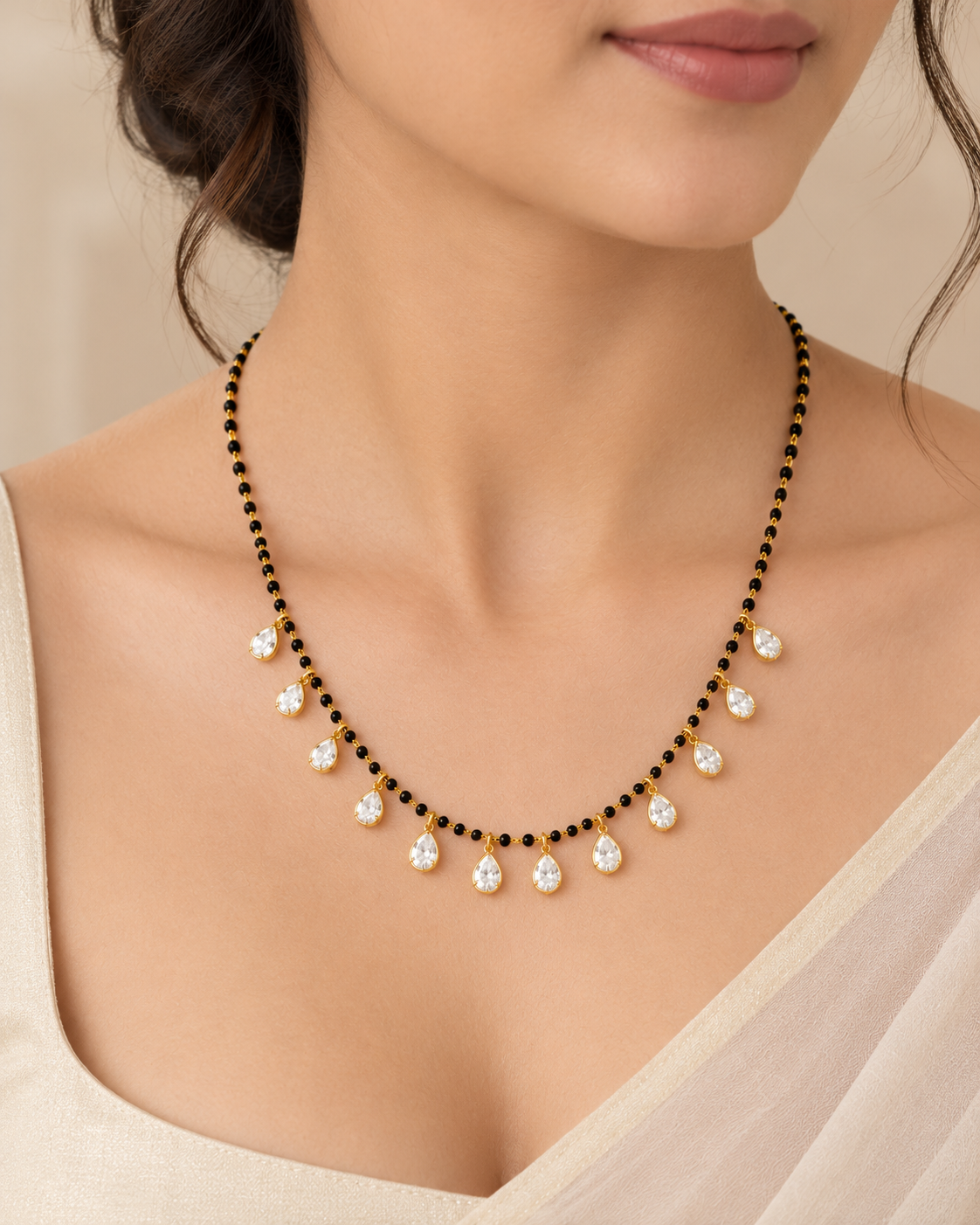 Elegant Pear-Cut Stone Black Bead Mangalsutra