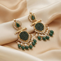 Traditional Gold-Plated Green Carved Stone Kundan Dangler Earrings with Pearl & Bead Drops for Women