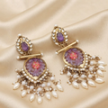 Gold-Plated Purple Carved Stone Kundan Drop Earrings with Pearl Hangings for Women