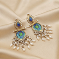 Gold-Plated Blue & Green Floral Meenakari Drop Earrings with Kundan & Pearl Drops