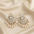 Ethnic Silver-Toned Kundan Chandbali Earrings with Faux Pearl Drops for Women