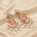 Gold-Plated Pink Carved Stone & Kundan Dangler Earrings with Pearl Drops