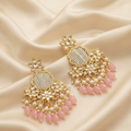 Gold-Plated Kundan Floral Drop Earrings with White Seed Pearl Work and Pastel Pink Beads