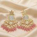Gold Plated Kundan & Pearl Chandelier Earrings with Pink Bead Drops