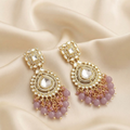 Gold-Toned Kundan & Pastel Purple Beaded Statement Chandelier Earrings