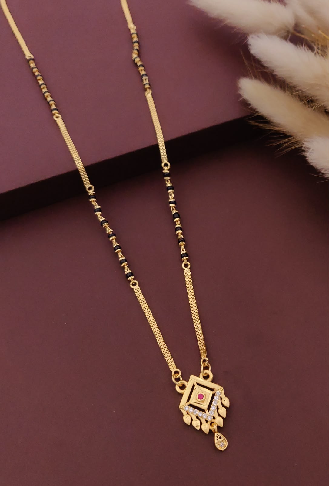 18 Inch Short Designer Mangalsutra for Women | Gold Plated Mangalsutra with Black Beads, Red Stone & CZ Pendant | Stylish Daily Wear – VIHAL ORNAMENTS