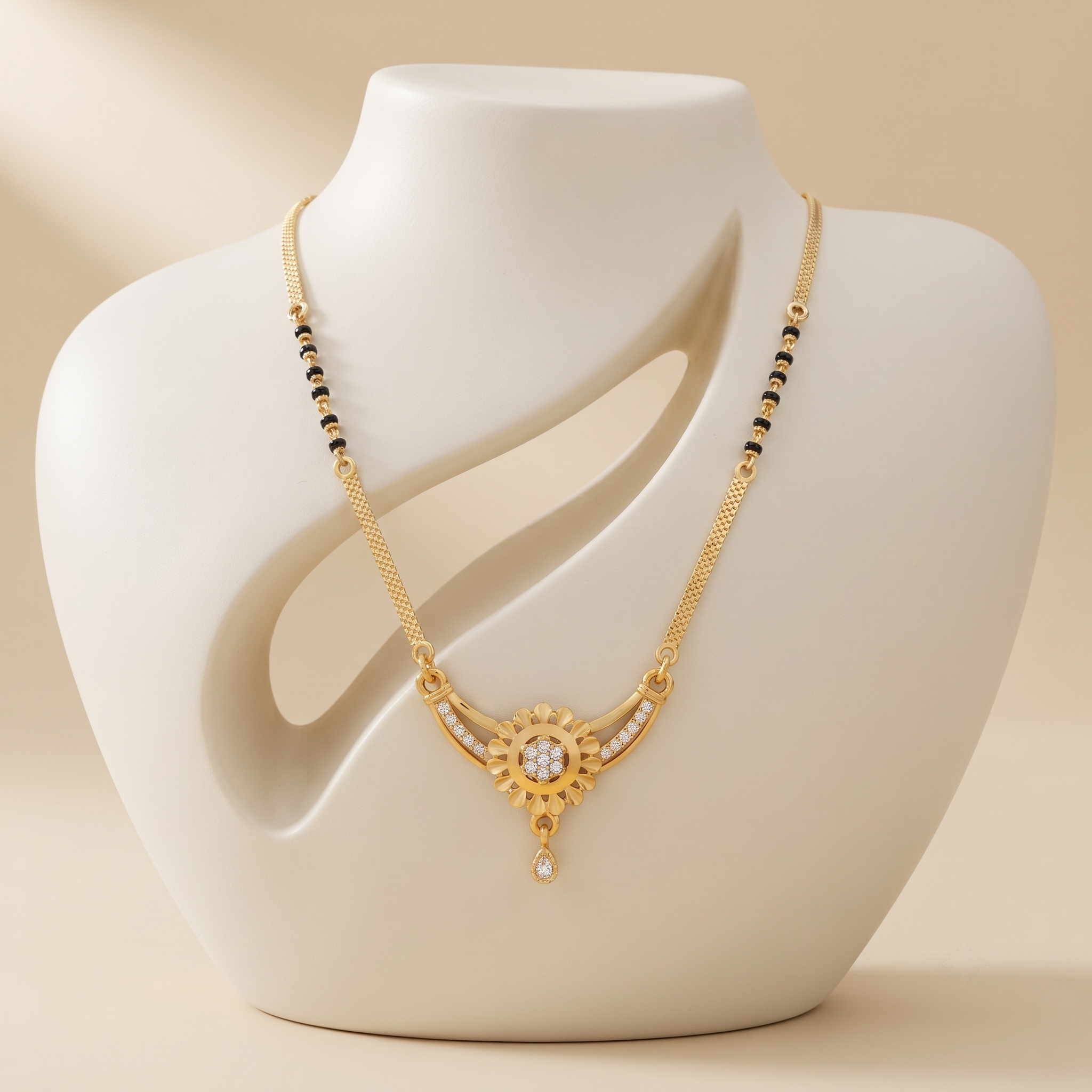 18 Inch Short Designer Mangalsutra for Women | Gold Plated Floral Pendant Mangalsutra with Black Beads | Stylish Daily Wear Mangalsutra – VIHAL ORNAMENTS
