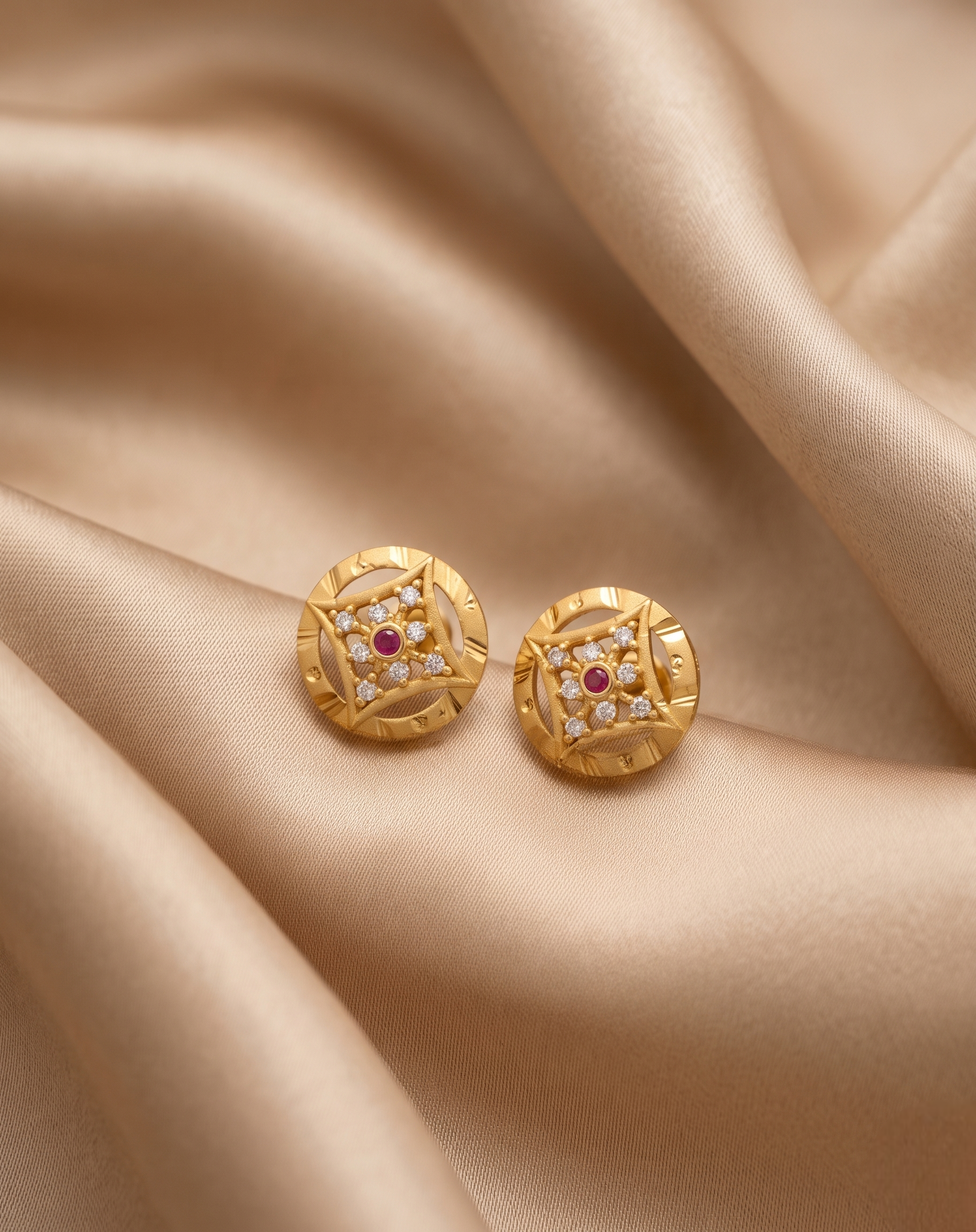 Sophisticated 22kt Gold Plated Geometric Wheel Stud Earrings with Ruby and CZ Accents | VIHAL ORNAMENTS