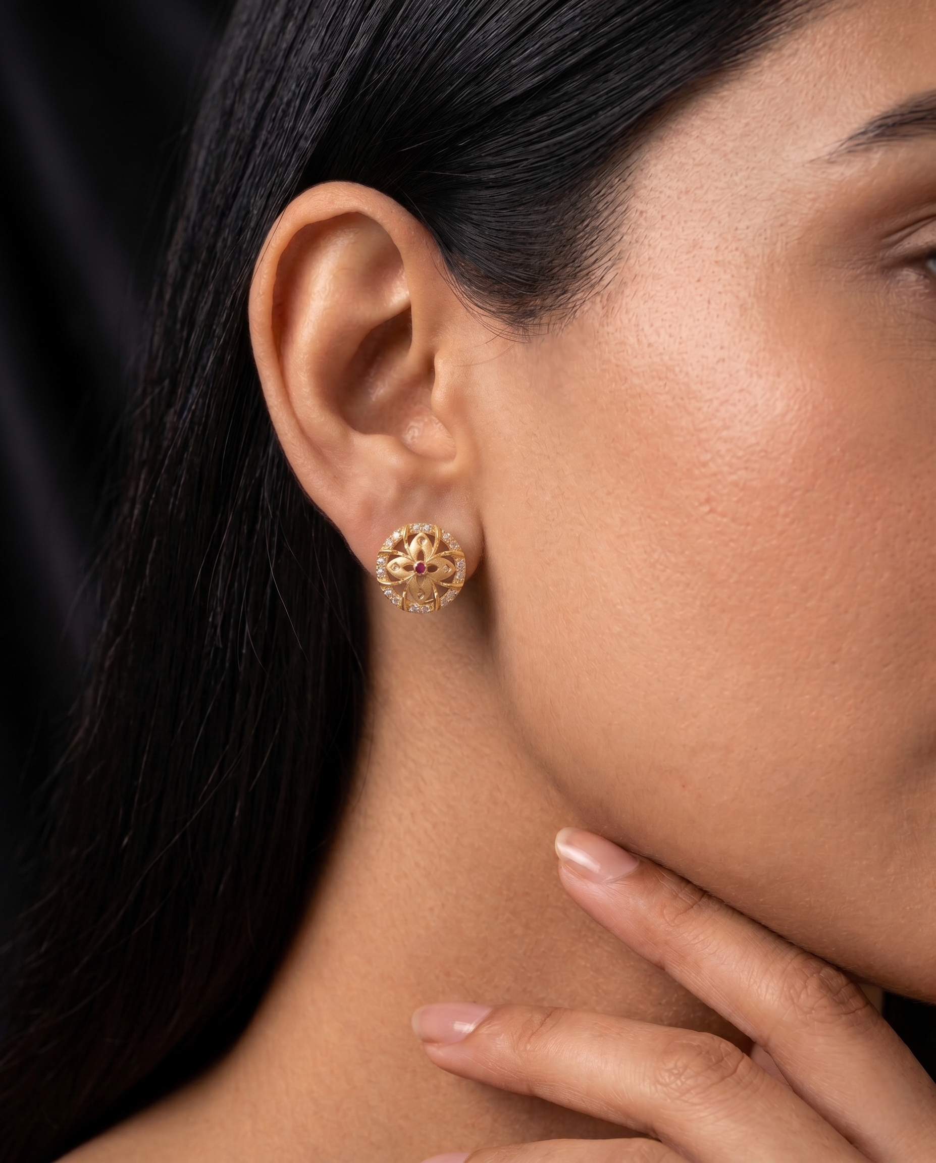 Regal 22kt Gold Plated Mandala Floral Stud Earrings with Ruby and CZ Halo | VIHAL ORNAMENTS