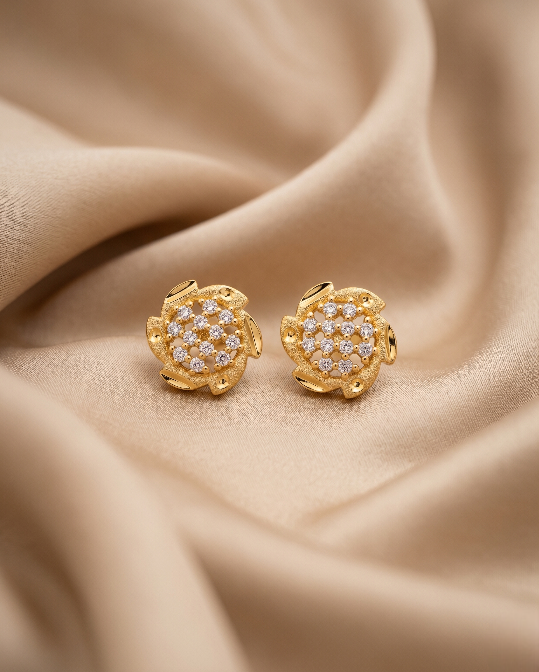 Elegant 22kt Gold Plated Floral Stud Earrings with Sparkling Zirconia Crystals | VIHAL ORNAMENTS