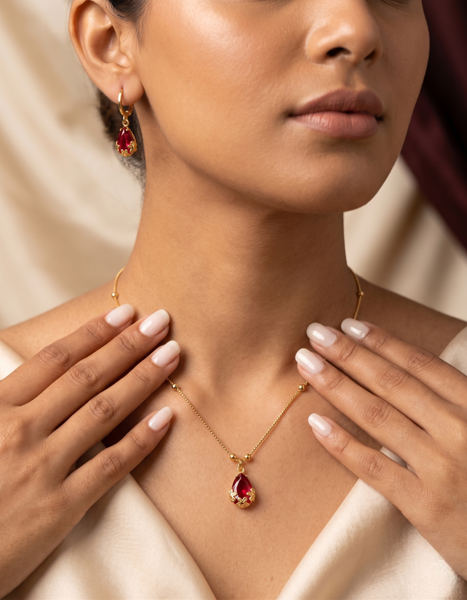 Vihal Ornaments Elegant Ruby Red Crystal Pendant Necklace Set with Matching Drop Earrings