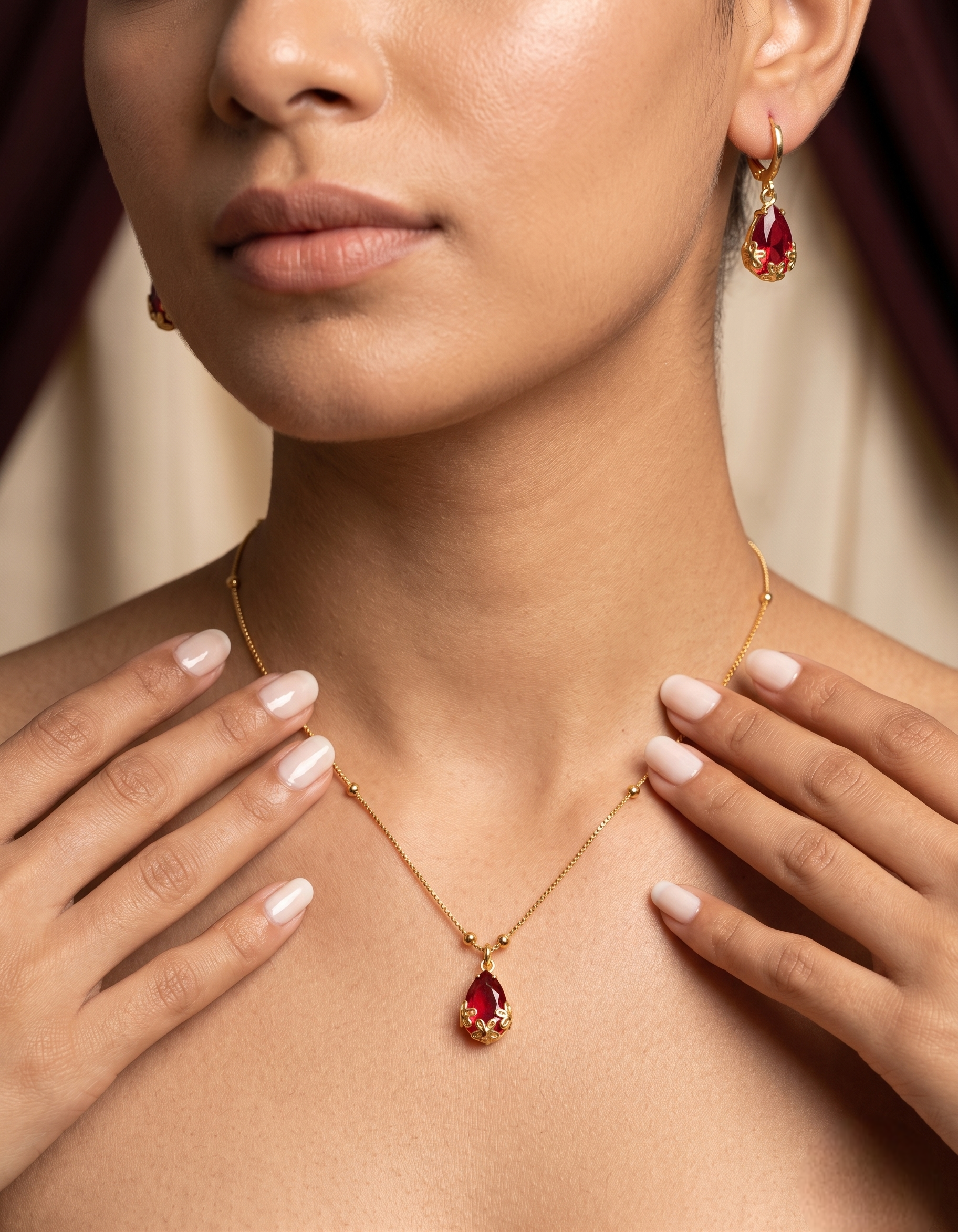 Vihal Ornaments Elegant Ruby Red Crystal Pendant Necklace Set with Matching Drop Earrings