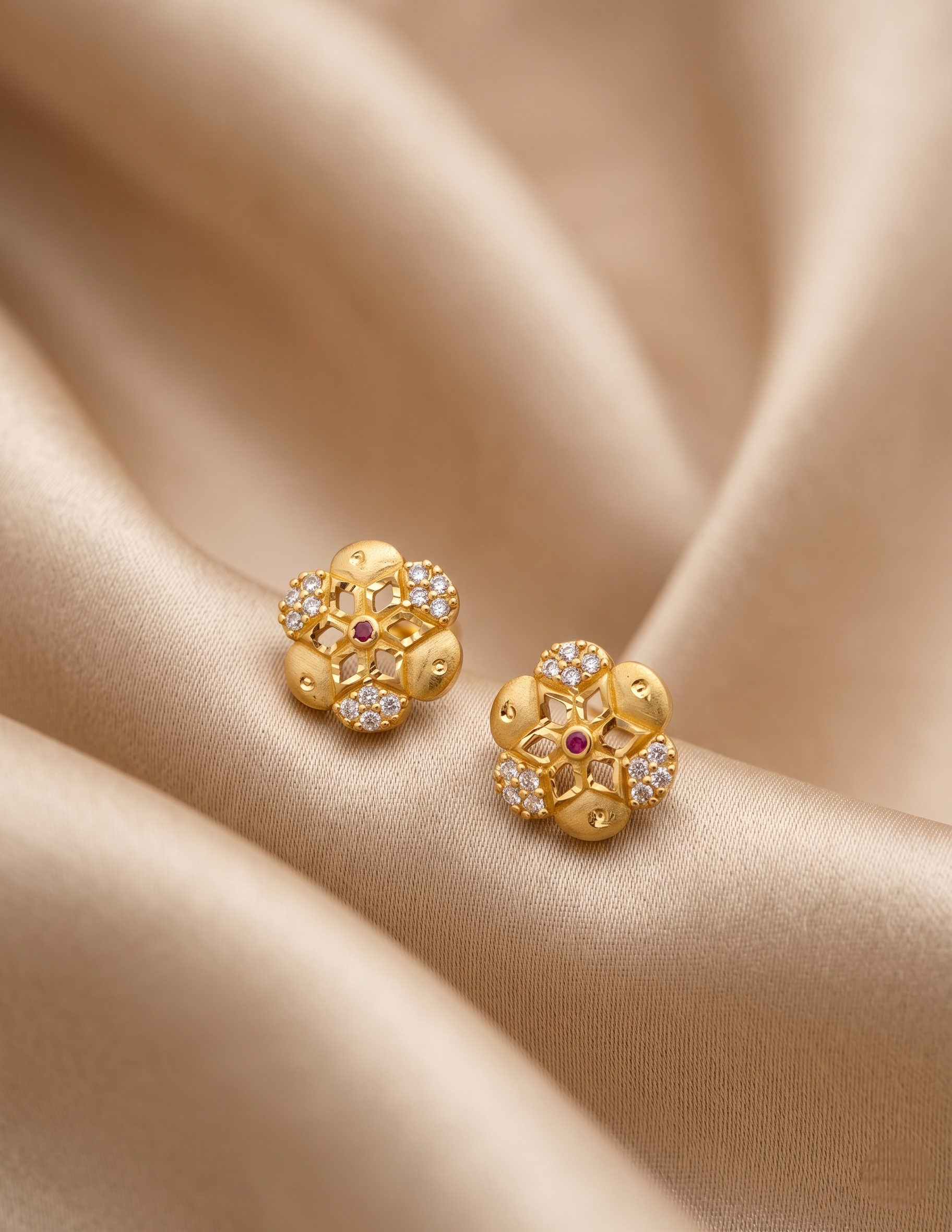 Exquisite 22kt Gold Plated Floral Stud Earrings with Ruby and Zirconia Accents | VIHAL ORNAMENTS