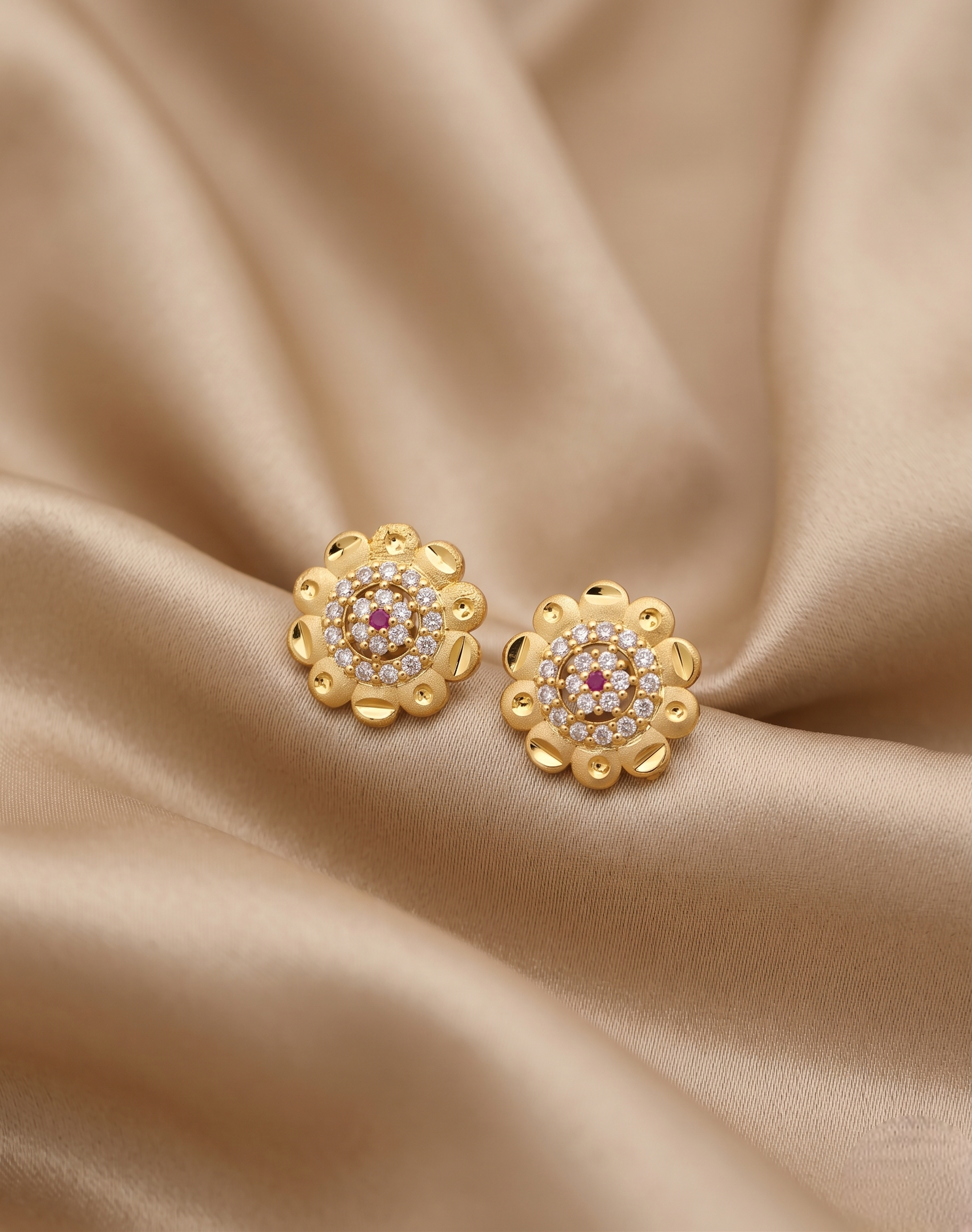 Luxury 22kt Gold Plated Daisy Floral Stud Earrings with Ruby and CZ Crystal Clusters | VIHAL ORNAMENTS