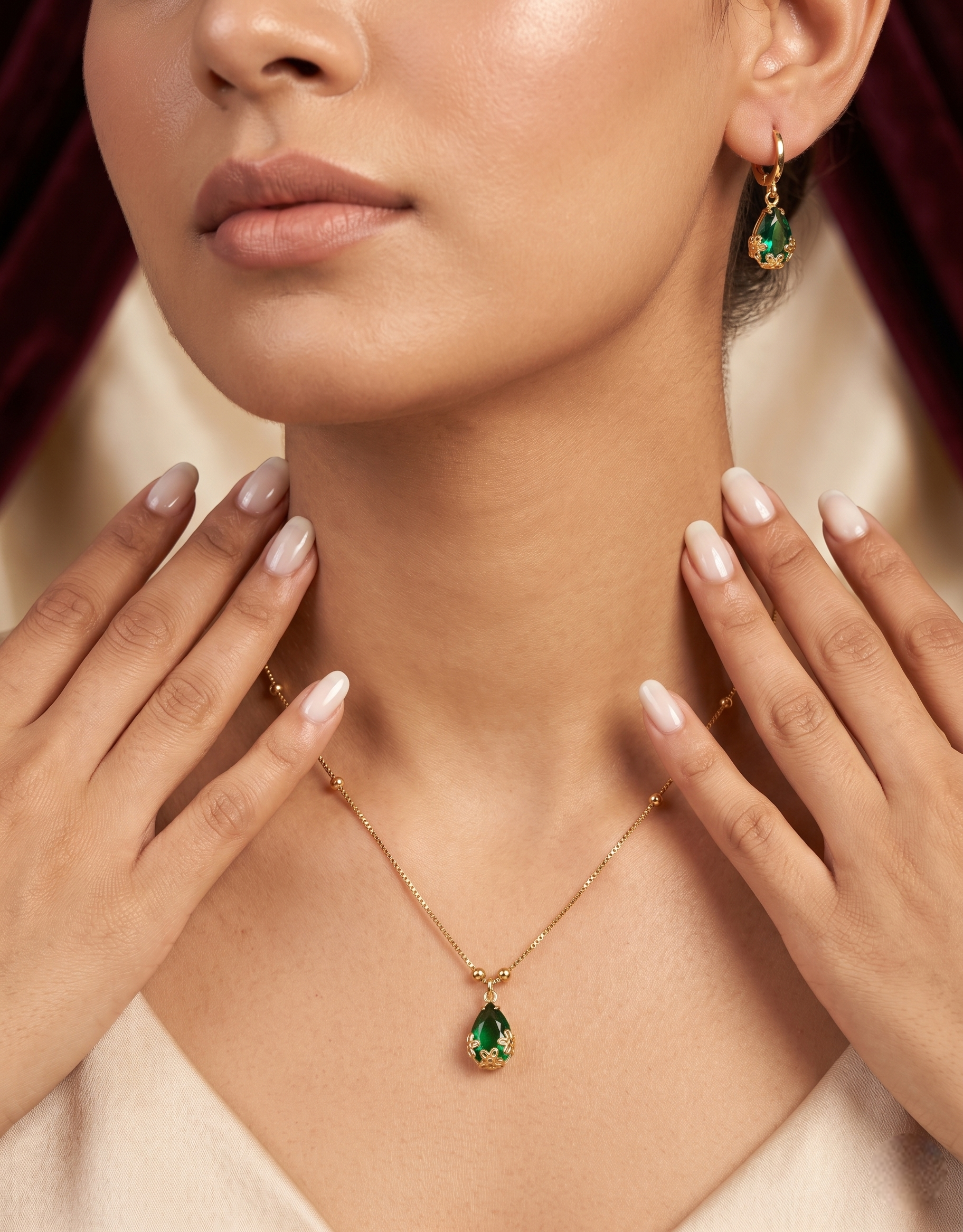 Vihal Ornaments Elegant Ruby Green Crystal Pendant Necklace Set with Matching Drop Earrings