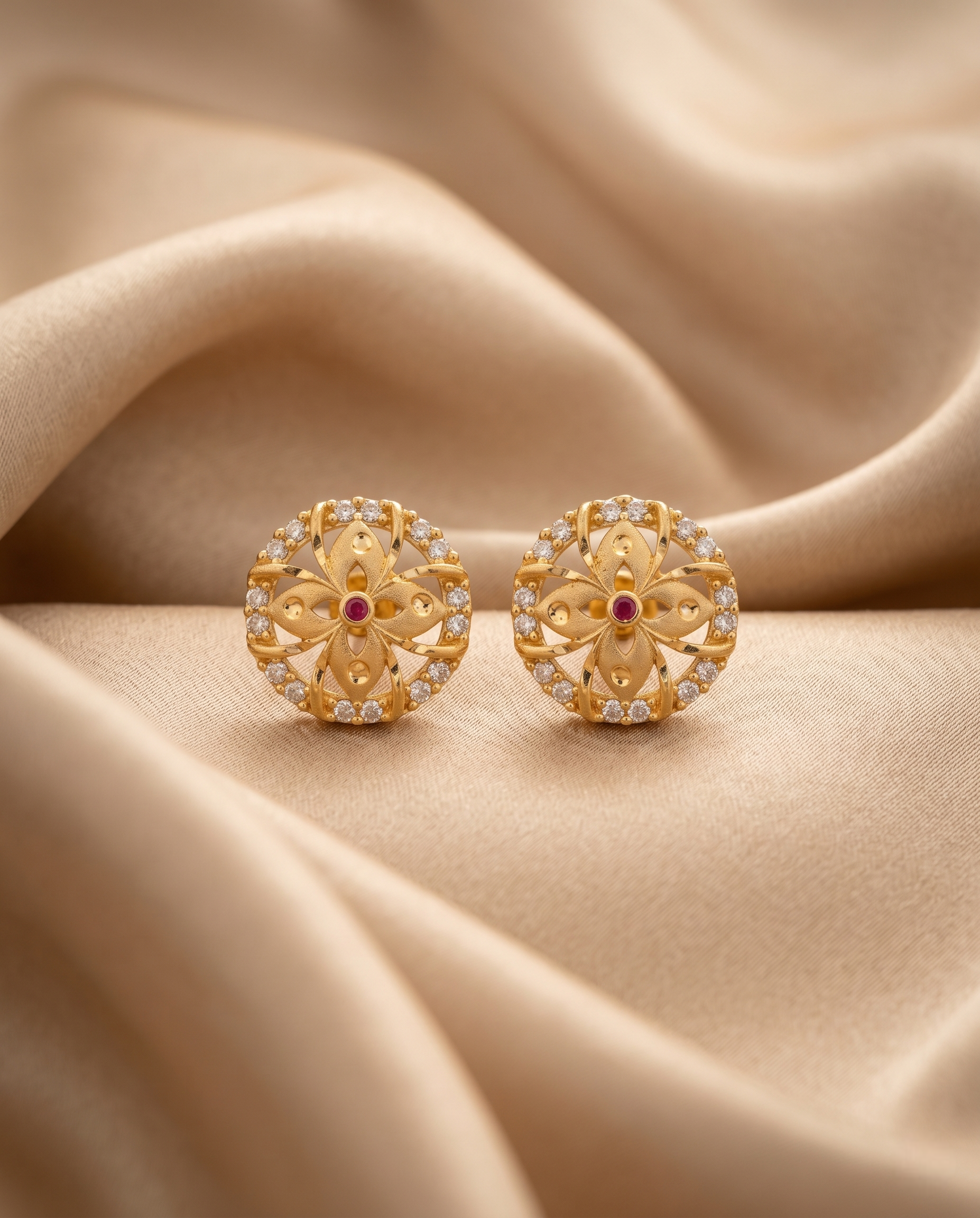 Regal 22kt Gold Plated Mandala Floral Stud Earrings with Ruby and CZ Halo | VIHAL ORNAMENTS