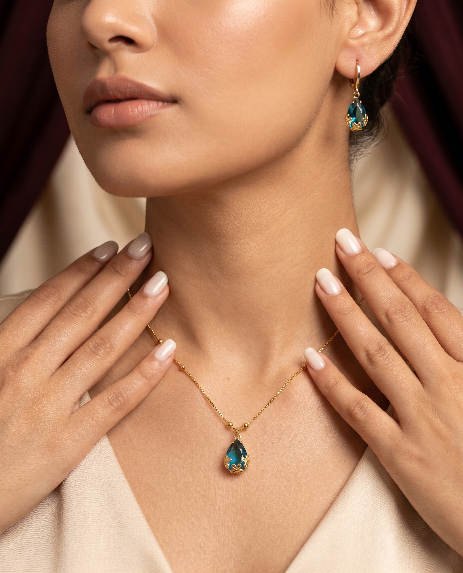 Vihal Ornaments Elegant Ruby Blue Crystal Pendant Necklace Set with Matching Drop Earrings