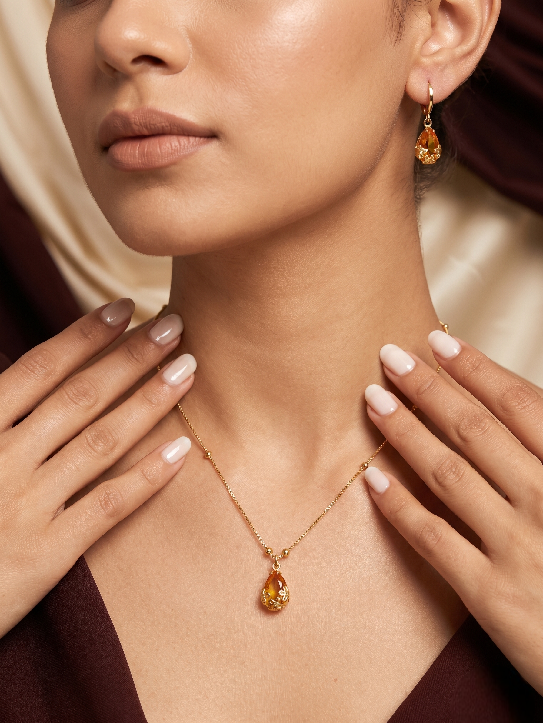 Vihal Ornaments Elegant Ruby Orange Crystal Pendant Necklace Set with Matching Drop Earrings