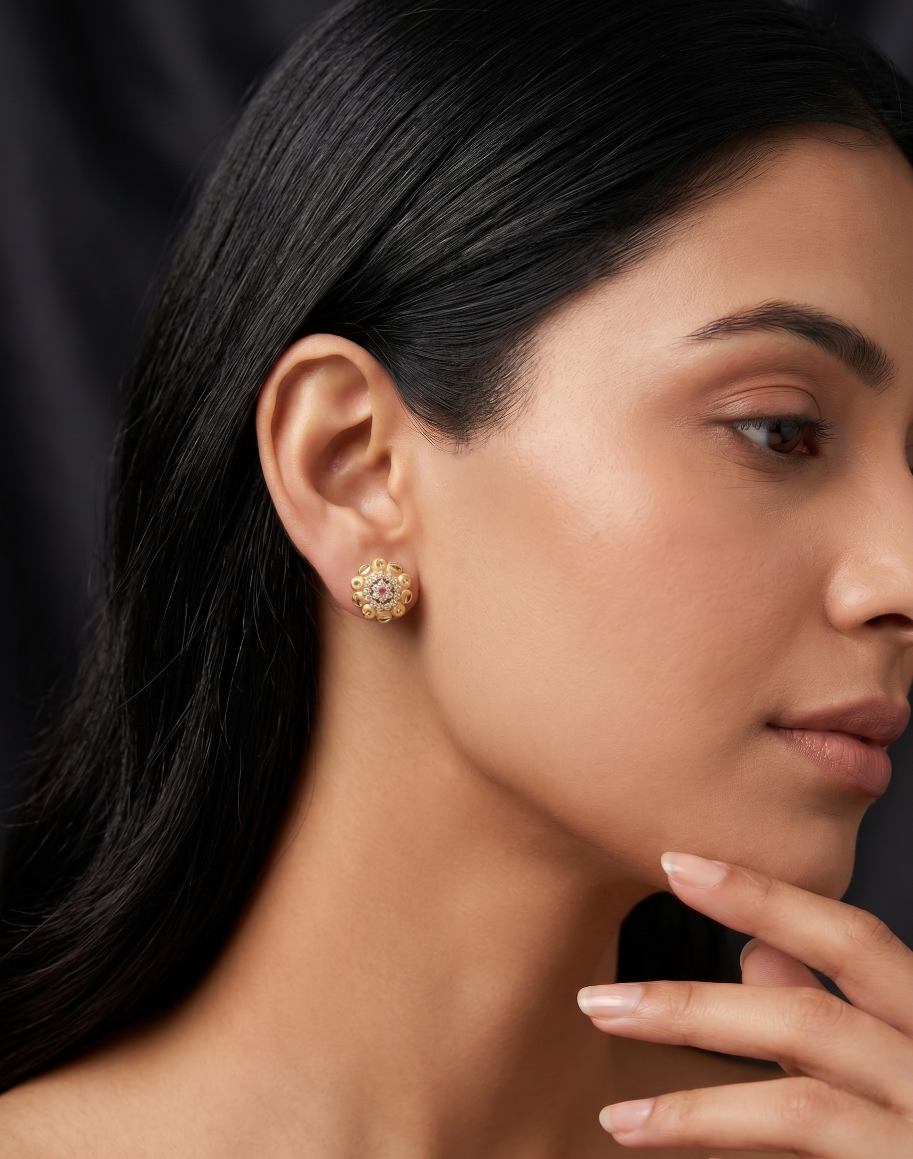 Luxury 22kt Gold Plated Daisy Floral Stud Earrings with Ruby and CZ Crystal Clusters | VIHAL ORNAMENTS