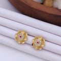 Delicate 22K Gold Plated Floral Stud Earrings with Ruby & Clear CZ Stones