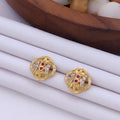 Delicate 22K Gold Plated Floral Stud Earrings with Ruby & Clear CZ Stones