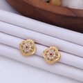 Delicate 22K Gold Plated Floral Stud Earrings with Ruby & Clear CZ Stones