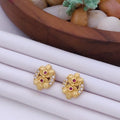 Delicate 22K Gold Plated Floral Stud Earrings with Ruby & Clear CZ Stones