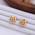 Delicate 22K Gold Plated Floral Stud Earrings with Ruby & Clear CZ Stones