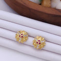 Delicate 22K Gold Plated Floral Stud Earrings with Ruby & Clear CZ Stones
