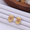 Delicate 22K Gold Plated Floral Stud Earrings with Ruby & Clear CZ Stones