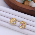 Delicate 22K Gold Plated Floral Stud Earrings with Ruby & Clear CZ Stones